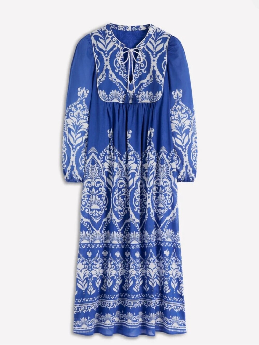 Boden NWT Blue White Boho Tie Neck Kaftan Dress Sz 2 Vacation Wedding Guest - Picture 2 of 15